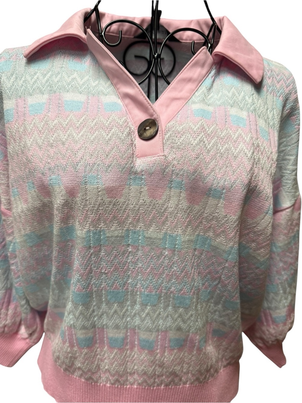 Ming Wang Pink Collared Knit Top with Mint and Cream Accents Small - Picture 4 of 8